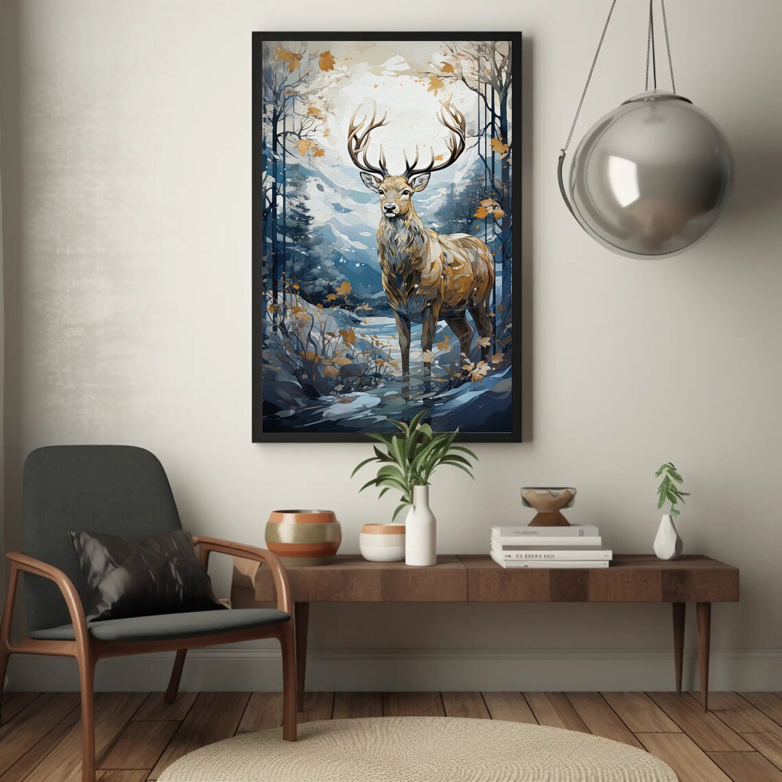 Golden Deer in a Snowy Landscape, Christmas Art Print - Image 5