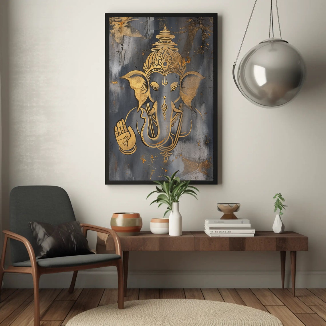 Gold and Gray Ganesha Face Abstract Painting Spiritual Wall Poster - Image 2