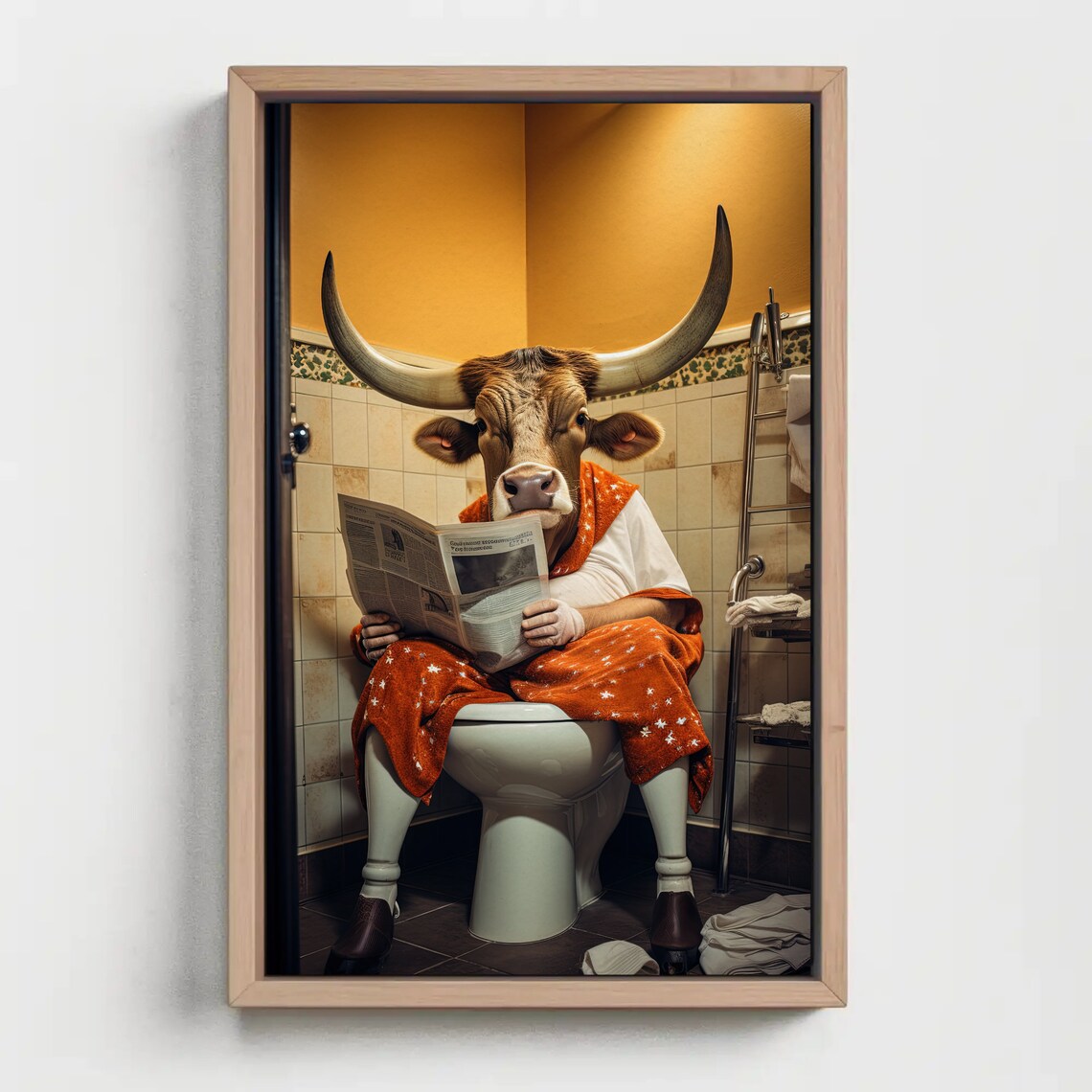 Texas Long Horn Cow Toilet Humor Bathroom Wall Art Print