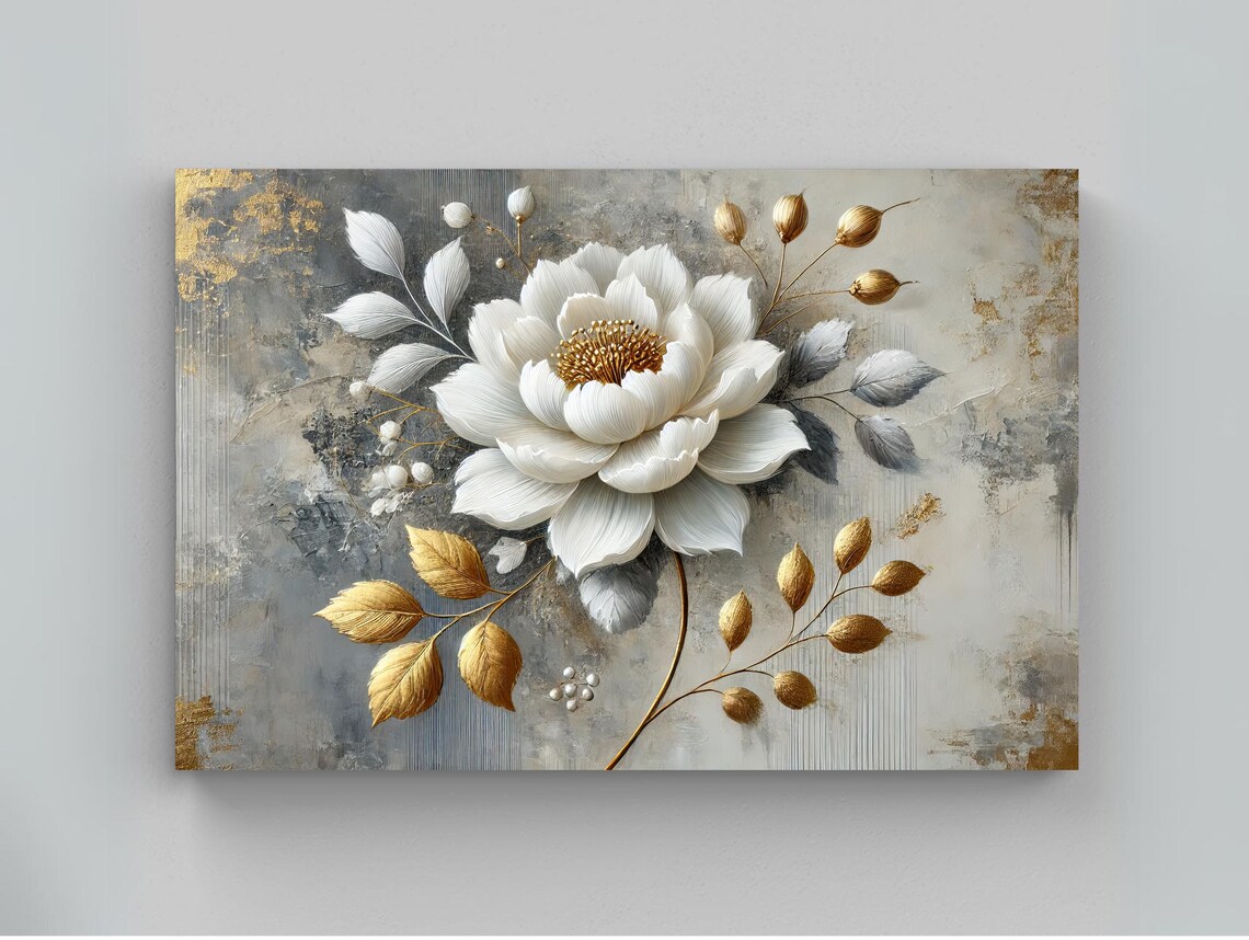 Gold And White Flower Horizontal Botanical Art Print