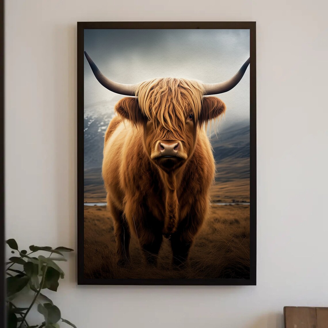 Highland Cow Vertical Art Print, Rustic Field Scene