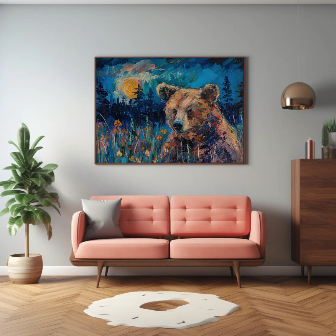 Brown Bear Wildflowers Starry Night Oil Painting Wildlife Poster - Image 3