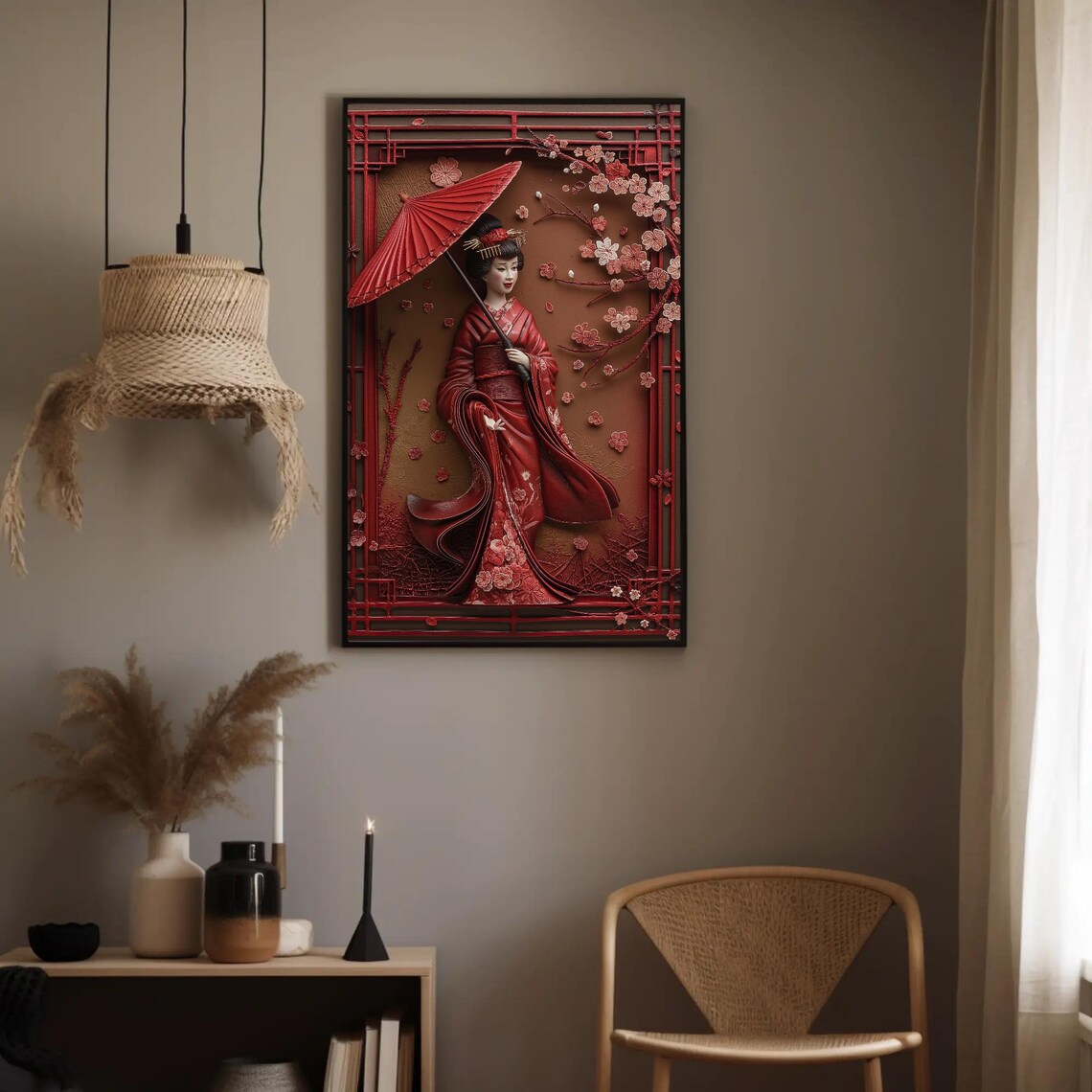 3D Japanese Geisha With Umbrella Art Print, Elegant - Image 5