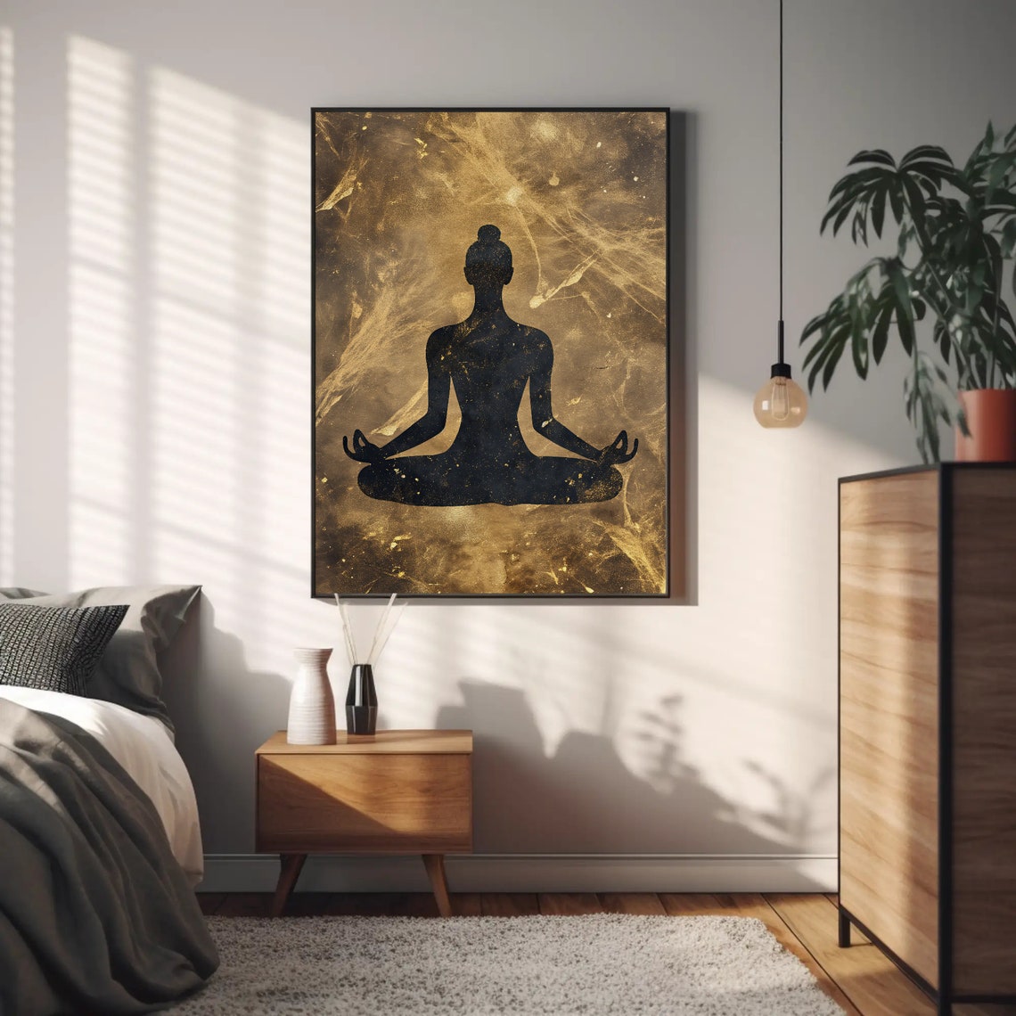 Black Yogi Silhouette Meditating on Gold Marble Meditation Wall Poster - Image 3