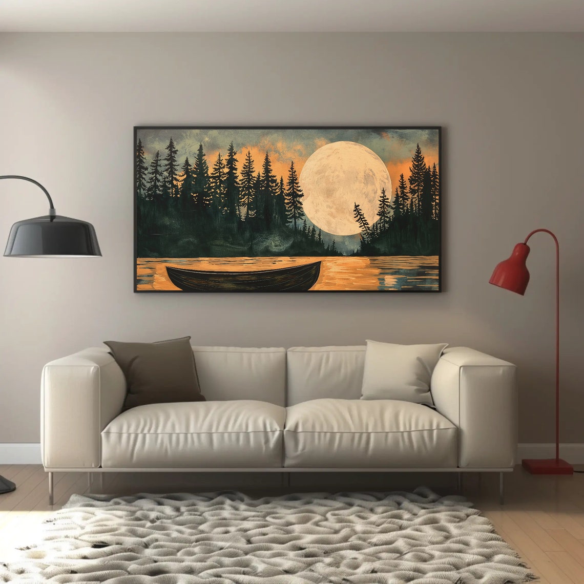 Rowboat On Moonlit Lake With Full Moon And Pine Forest Poster - Image 4