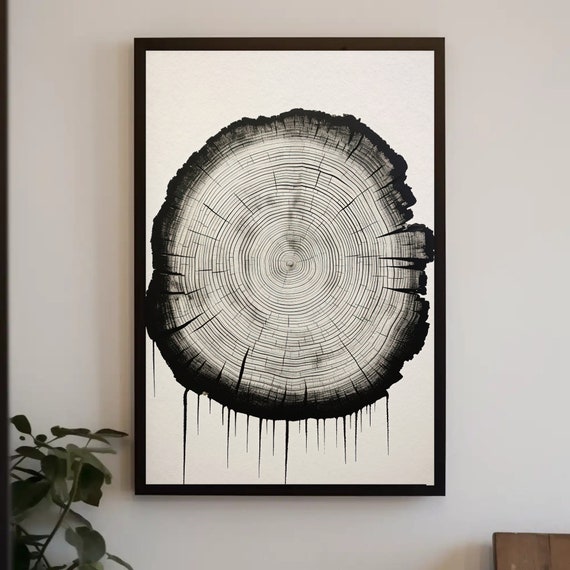 Tree Ring Wood Design Watercolor Ink Painting Wood Design Wall Art Cabin Wall Decor Poster Print Framed Ready To Hang