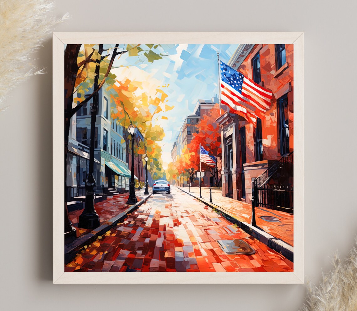 Boston Freedom Trail Autumn Street American Flags Art Poster