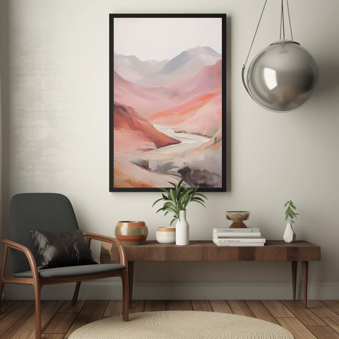 Pink Mountain Valley Abstract Oil Painting Red Hills Art Poster - Image 5