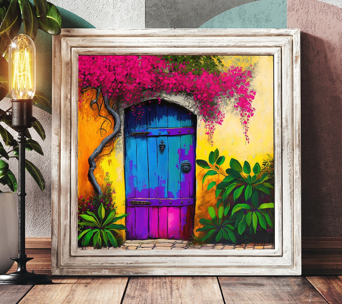 Colorful Mexican Blue Wooden Door Bougainvillea Flowers Scene Poster - Image 4