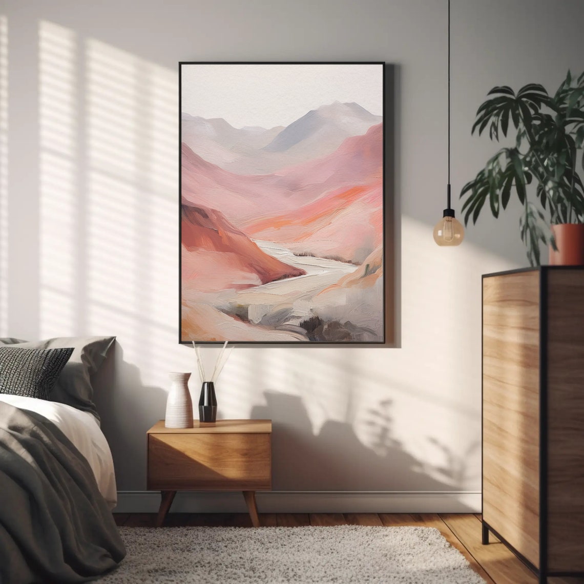 Pink Mountain Valley Abstract Oil Painting Red Hills Art Poster - Image 4