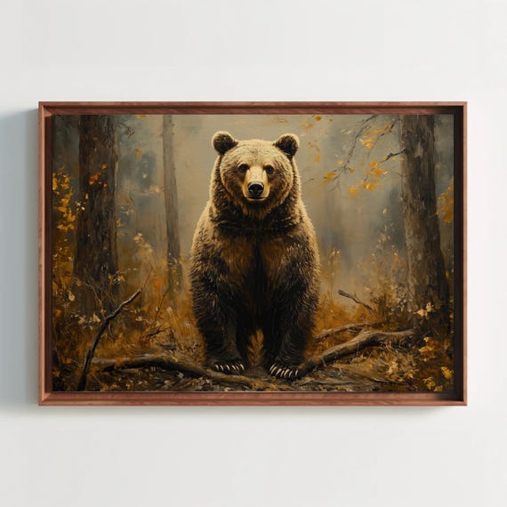 Rustic Grizzly Bear Wildlife Art Print, Cabin Decor