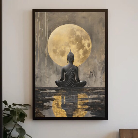 Buddha Meditating Under Moon Painting Indian Art Gold Luxury Wall Art Framed Buddha Decor For Office Living Room Ready To Hang