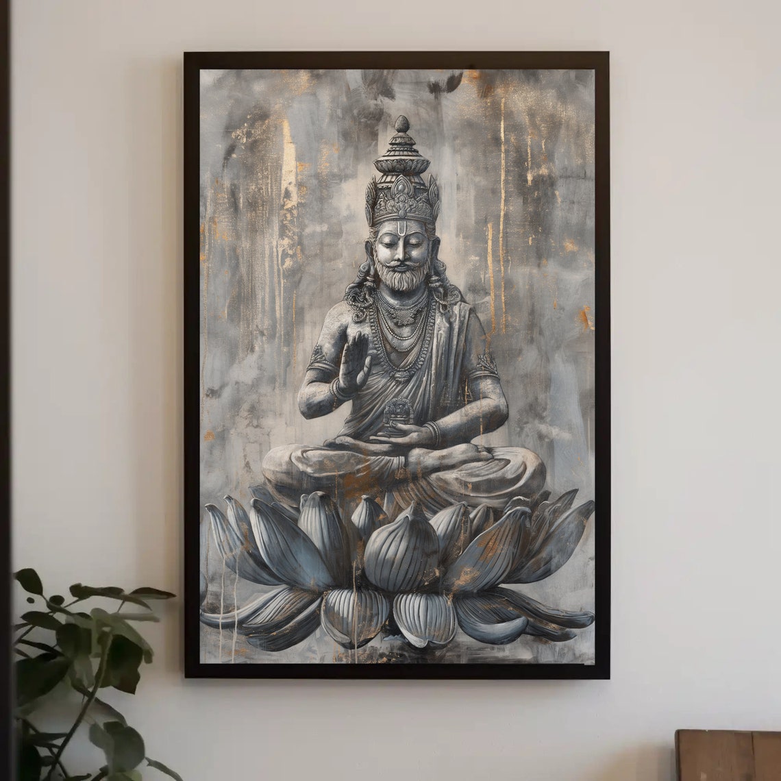 Brahma The Creator Seated Lotus Gray Gold Deity Painting Poster