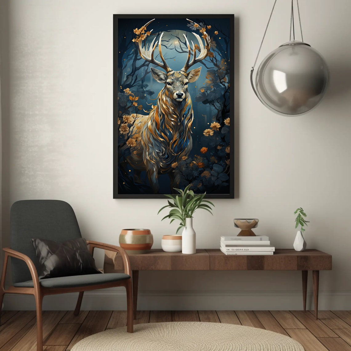 Golden Stag In Moonlit Forest Night Wildlife Fantasy Art Poster - Image 5