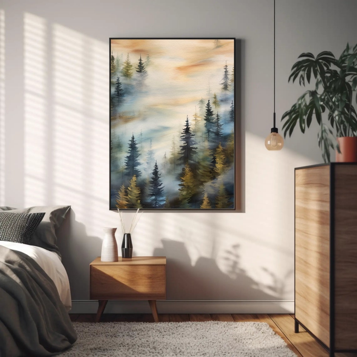 Misty Sunrise Pine Forest Warm Glow Foggy Woodland Art Poster - Image 4