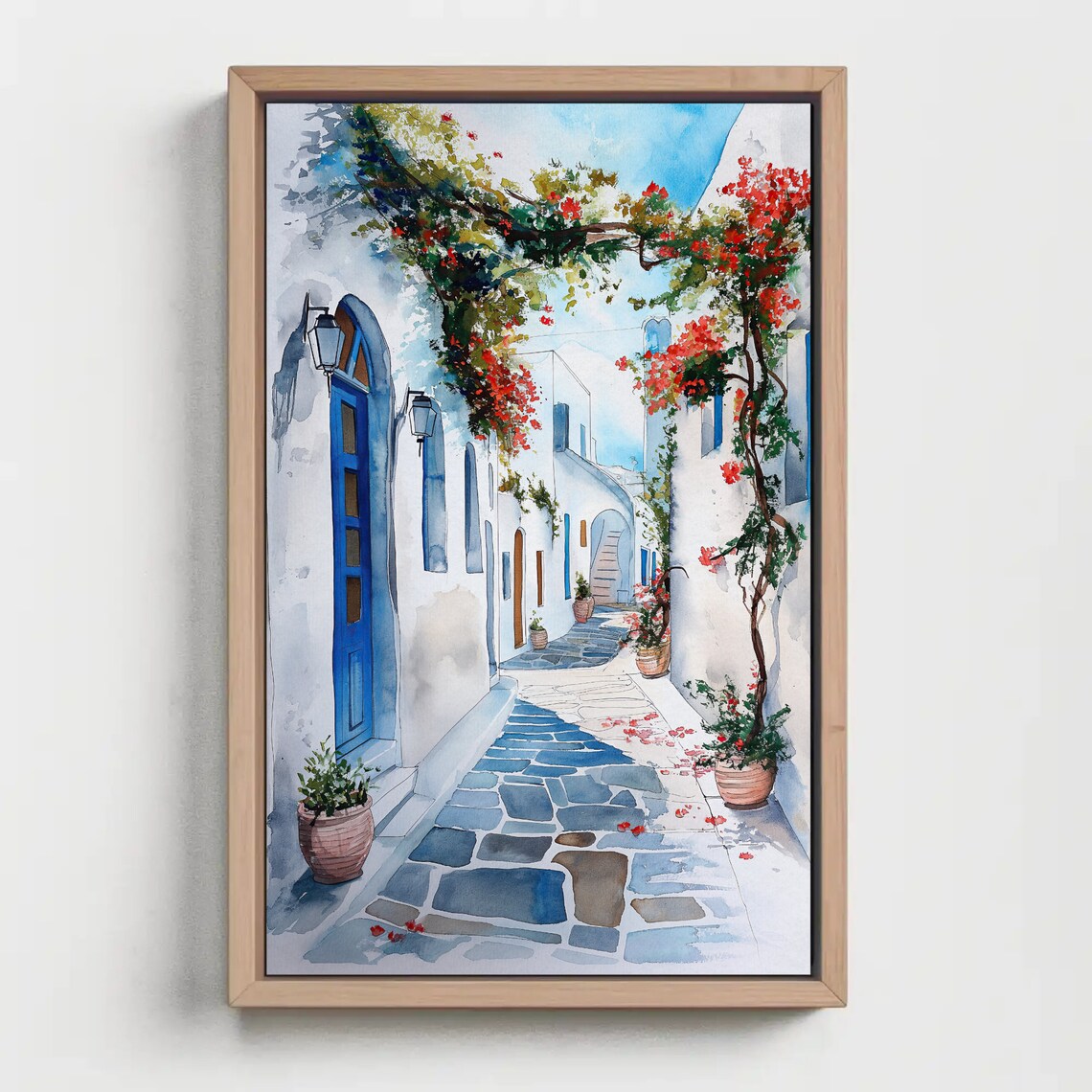 Santorini White Alley With Bougainvillea Watercolor Greece Poster - Image 2