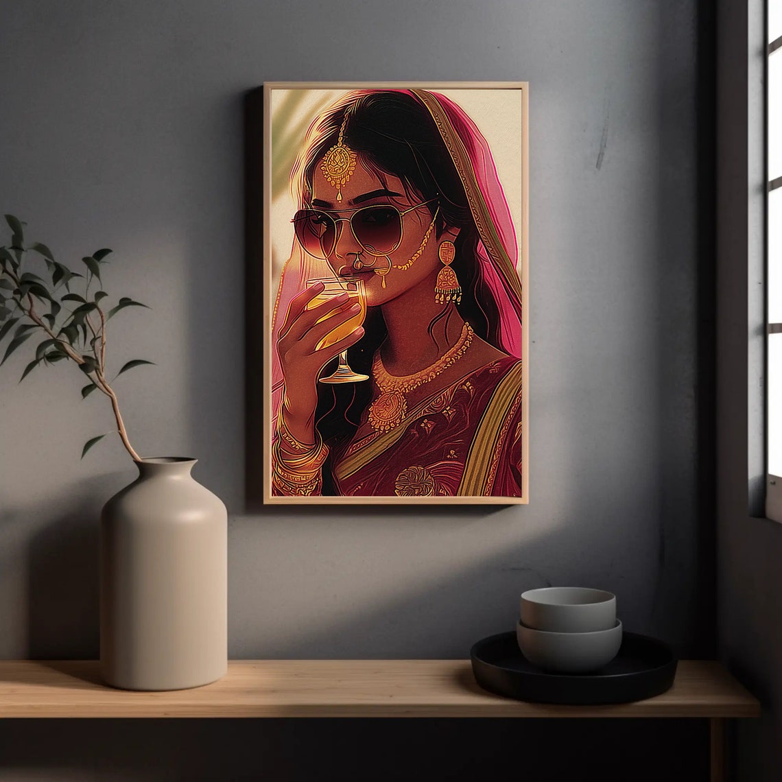 Modern Woman Drinking Wine Illustration Print Brown Girl Art Desi Girl Wall Art Girls Room Print Desi Wall Art South Asian Decor - Image 4
