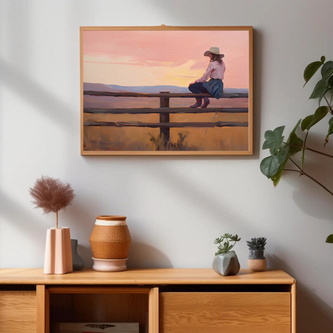 Cowgirl Watching Sunset Fence Golden Prairie Western Wall Art - Image 4