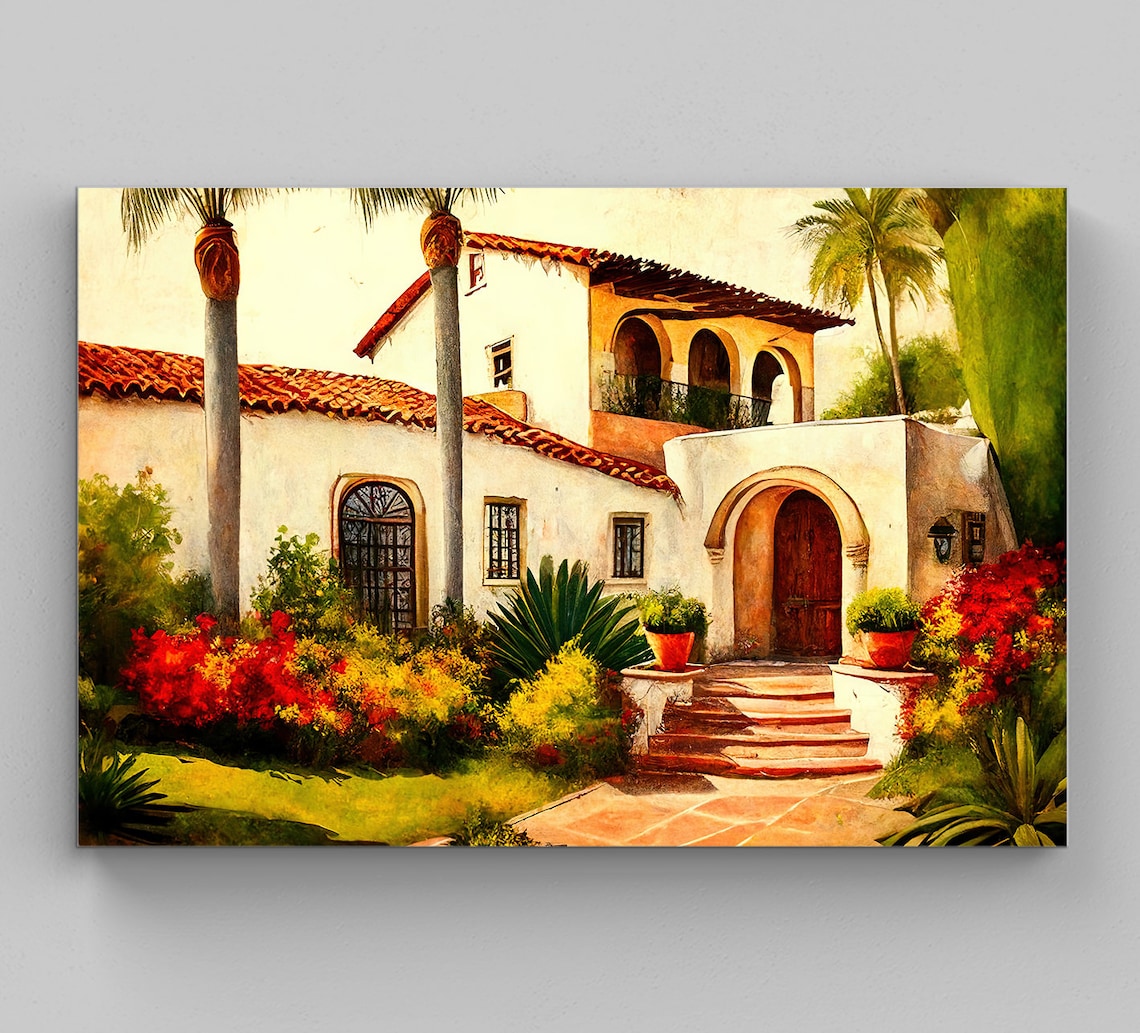 Mexican White Hacienda Red Tile Roof Palm Garden Tropical Art Poster