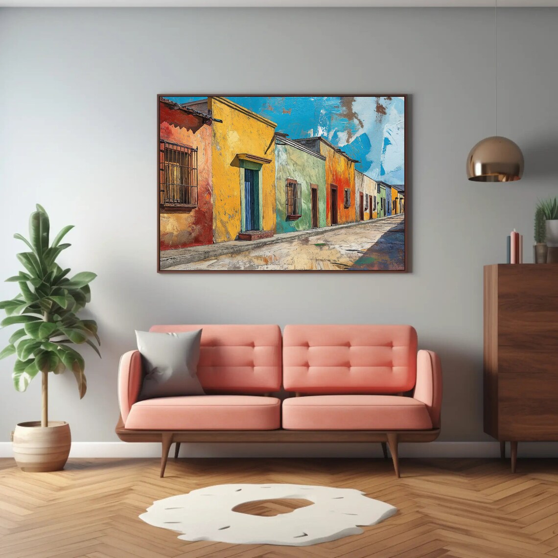 Colorful Mexican Colonial Street Sunny Day Folk Painting Poster - Image 3