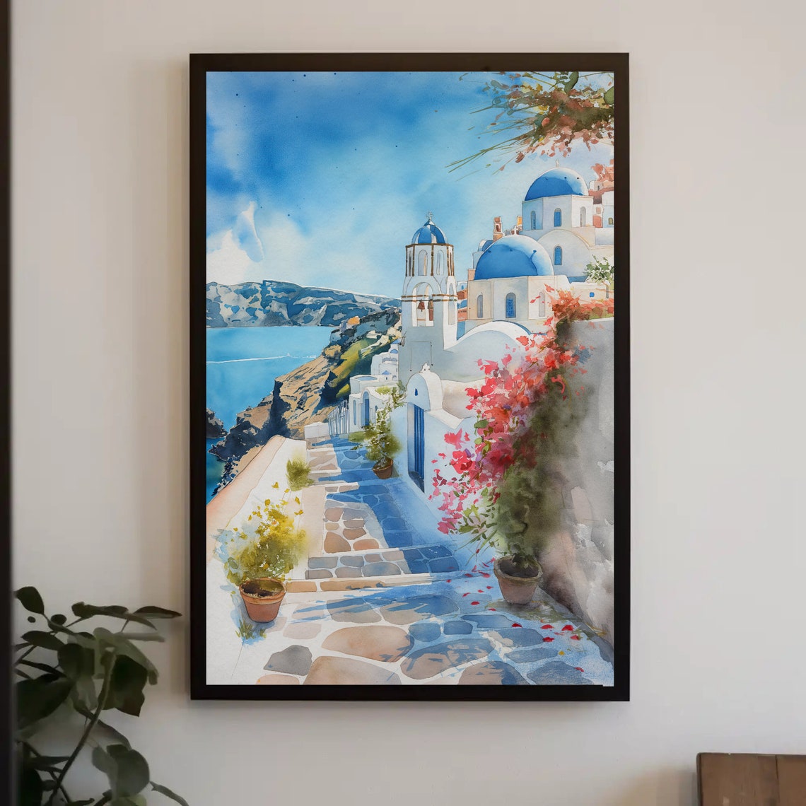 Santorini Greece Blue Domes On Cliff Path Watercolor Travel Poster