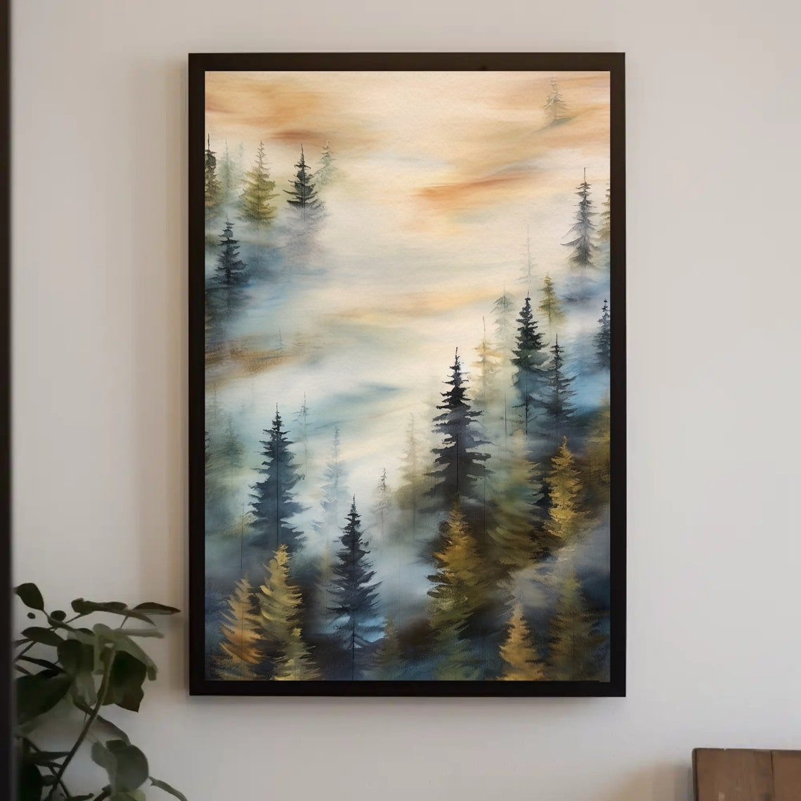 Misty Sunrise Pine Forest Warm Glow Foggy Woodland Art Poster