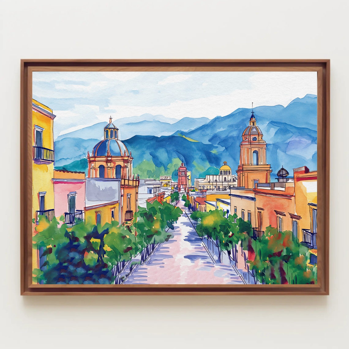 Oaxaca Colonial Street with Churches and Mountains Watercolor Poster - Image 5