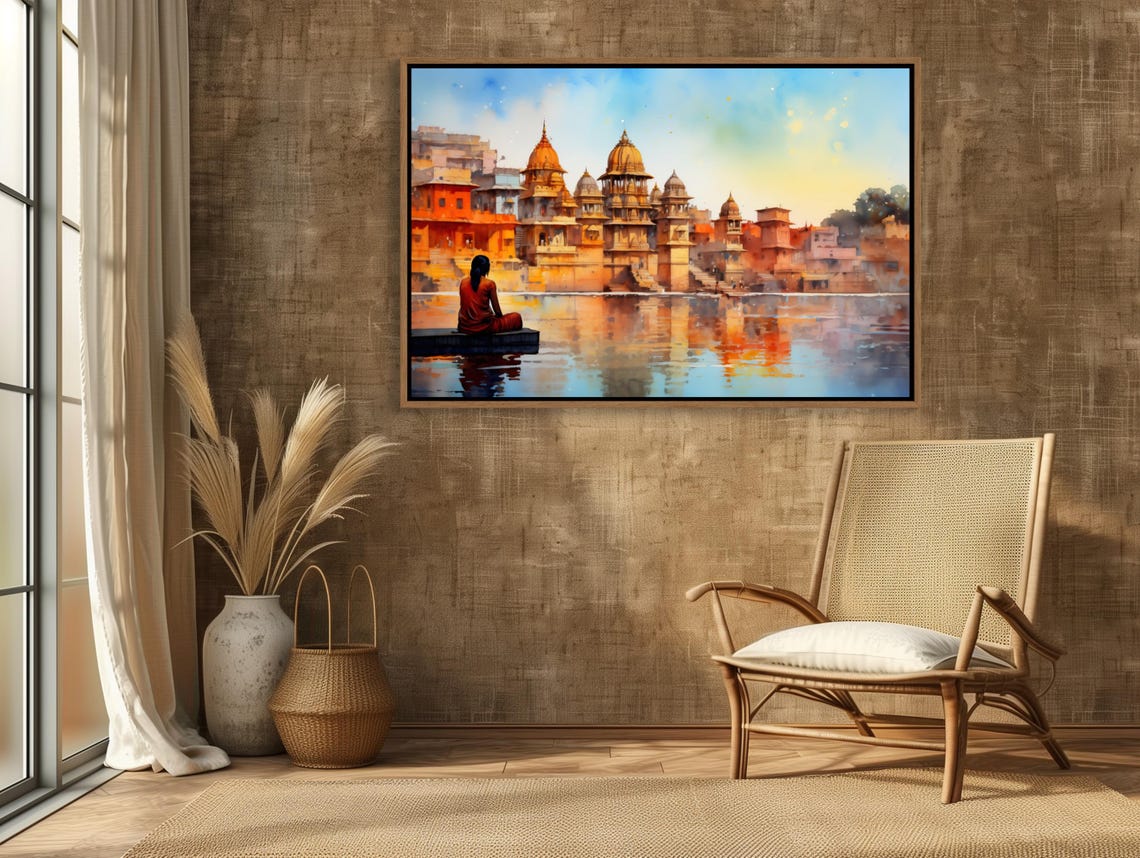 Indian Riverside Temples at Sunrise With Seated Devotee Poster - Image 5