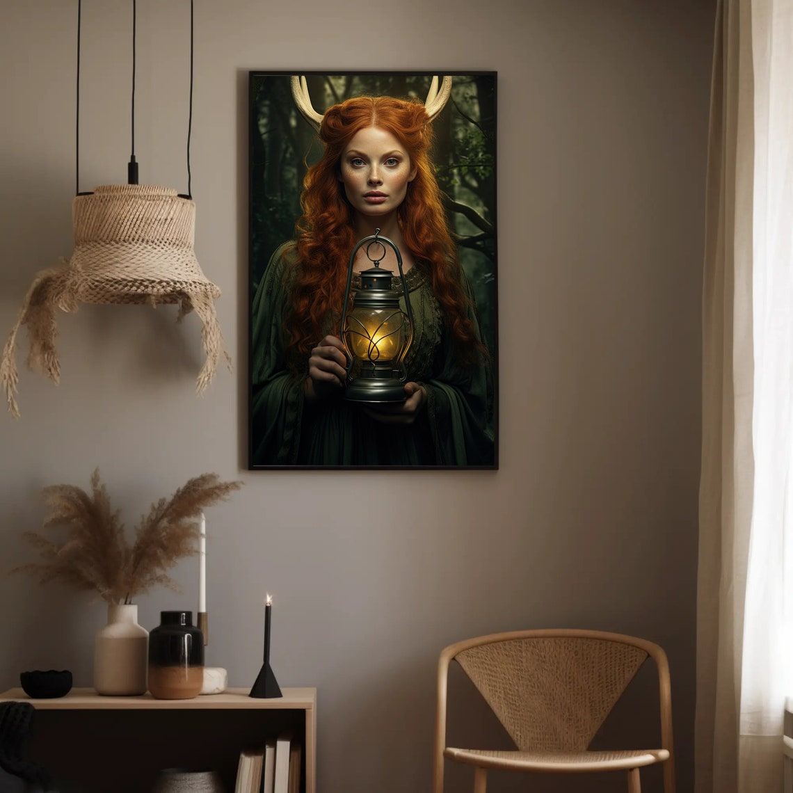 Elen of the Ways Antlered Forest Goddess With Lantern Poster - Image 2