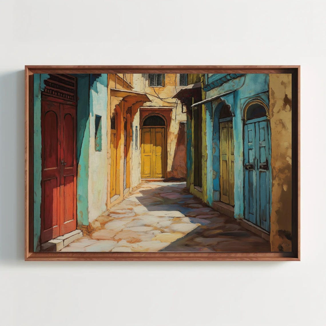 Sunlit Old Jaipur Alleyway With Colorful Painted Doors Poster