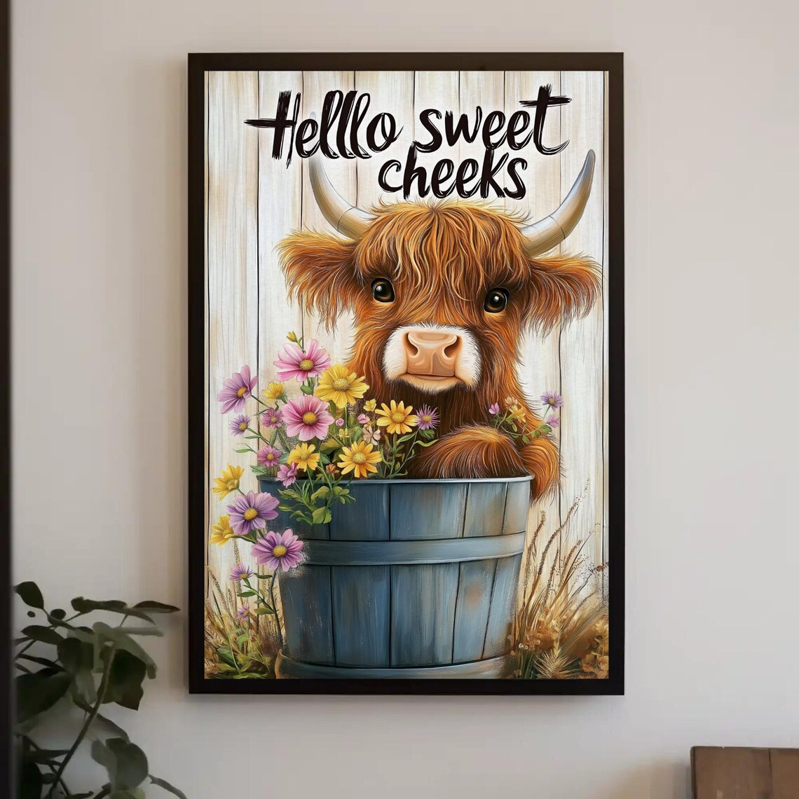 Highland Cow With Flowers, Rustic Farmhouse Art Print