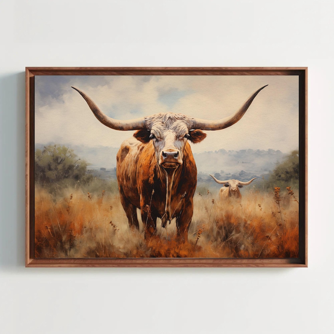 Majestic Texas Longhorn Bull Standing in Golden Prairie Field Poster