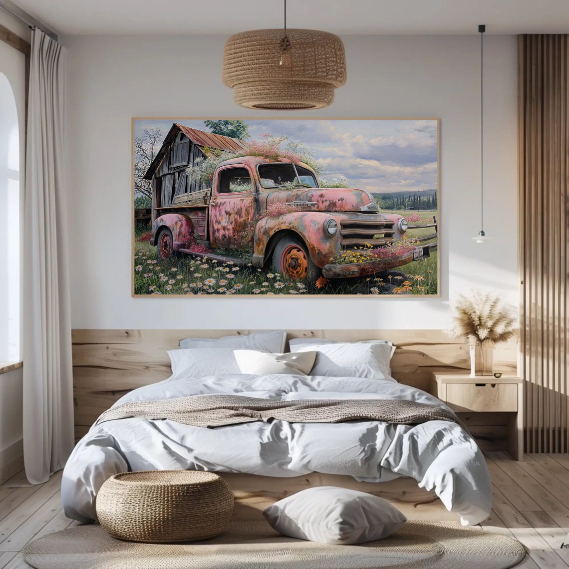 Rusty Vintage Pink Pickup Truck with Wildflowers Farm Scene Art Poster - Image 5