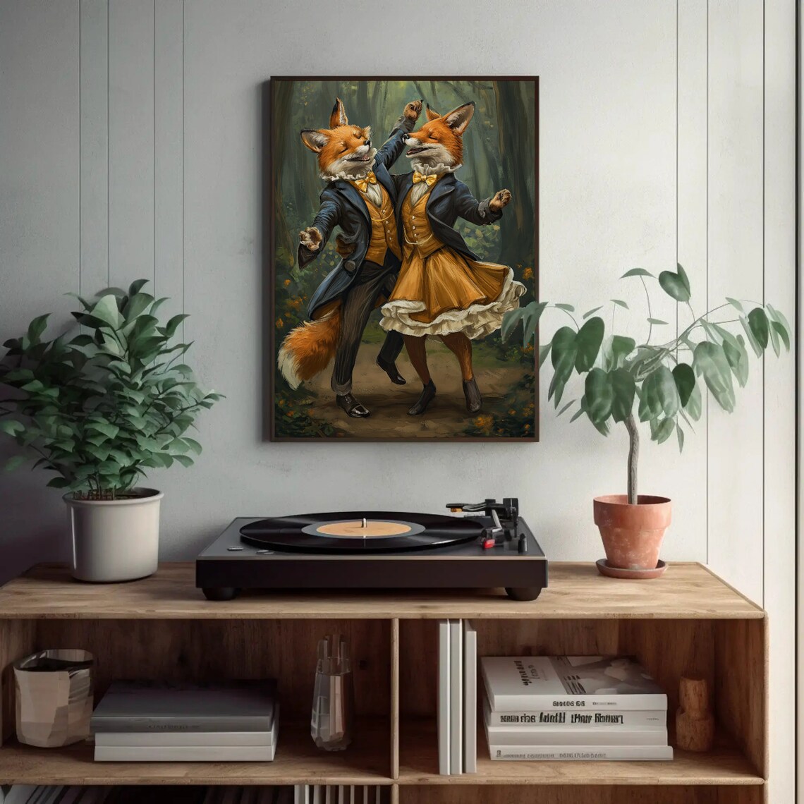 Dancing Fox Couple Vintage Costumes Misty Forest Whimsical Print - Image 4
