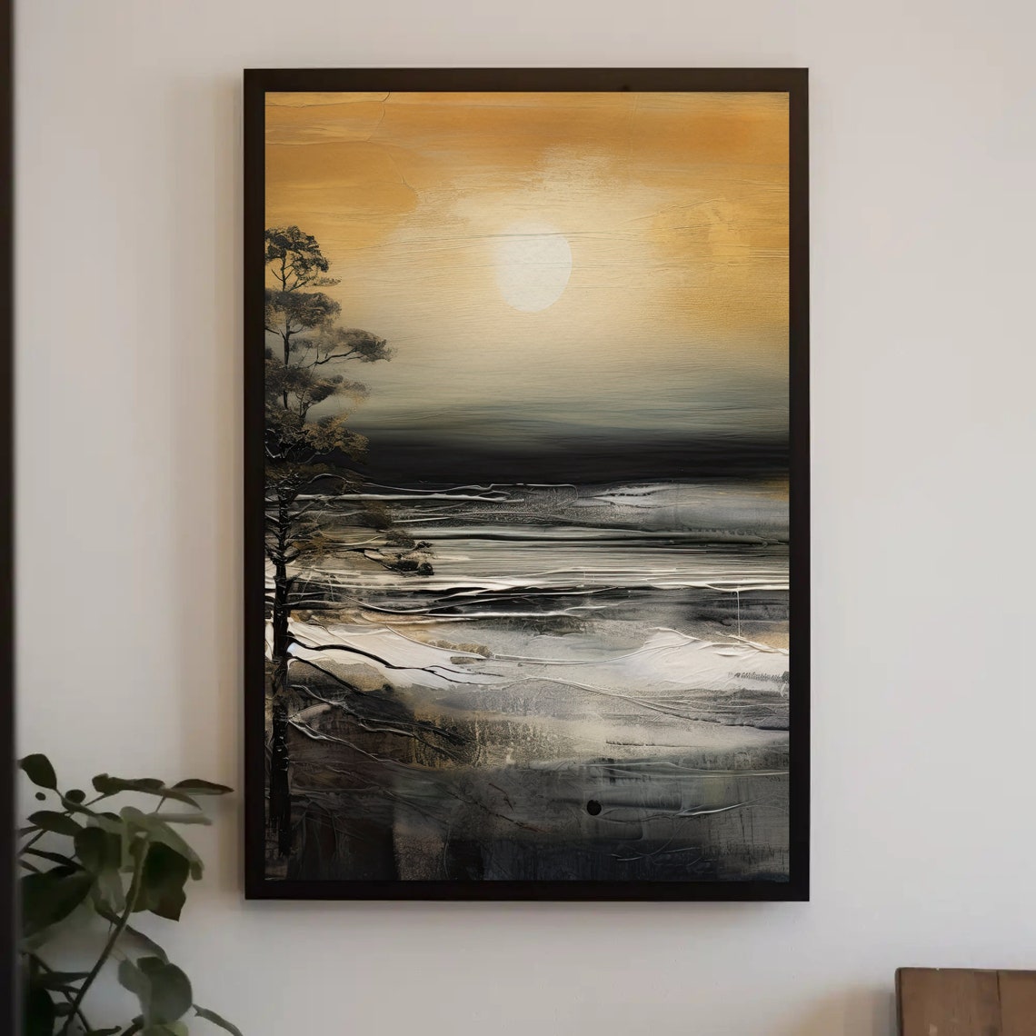 Golden Sunset Over Abstract Ocean With Lone Tree Scene Art Poster