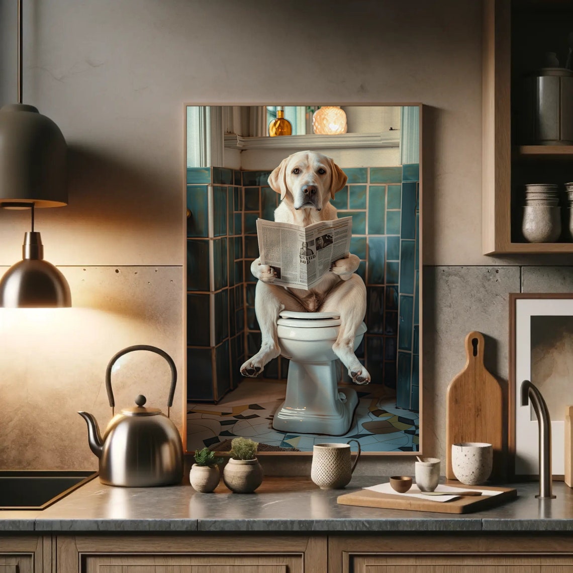 Labrador Retriever Reading Newspaper on Toilet Funny Bathroom Poster - Image 2