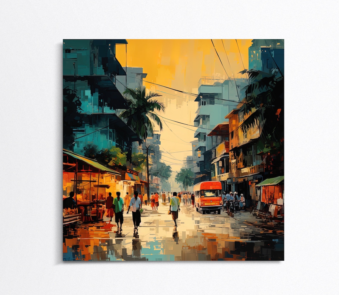 Bangladesh City Street Golden Sunset Crowd Oil Painting Poster
