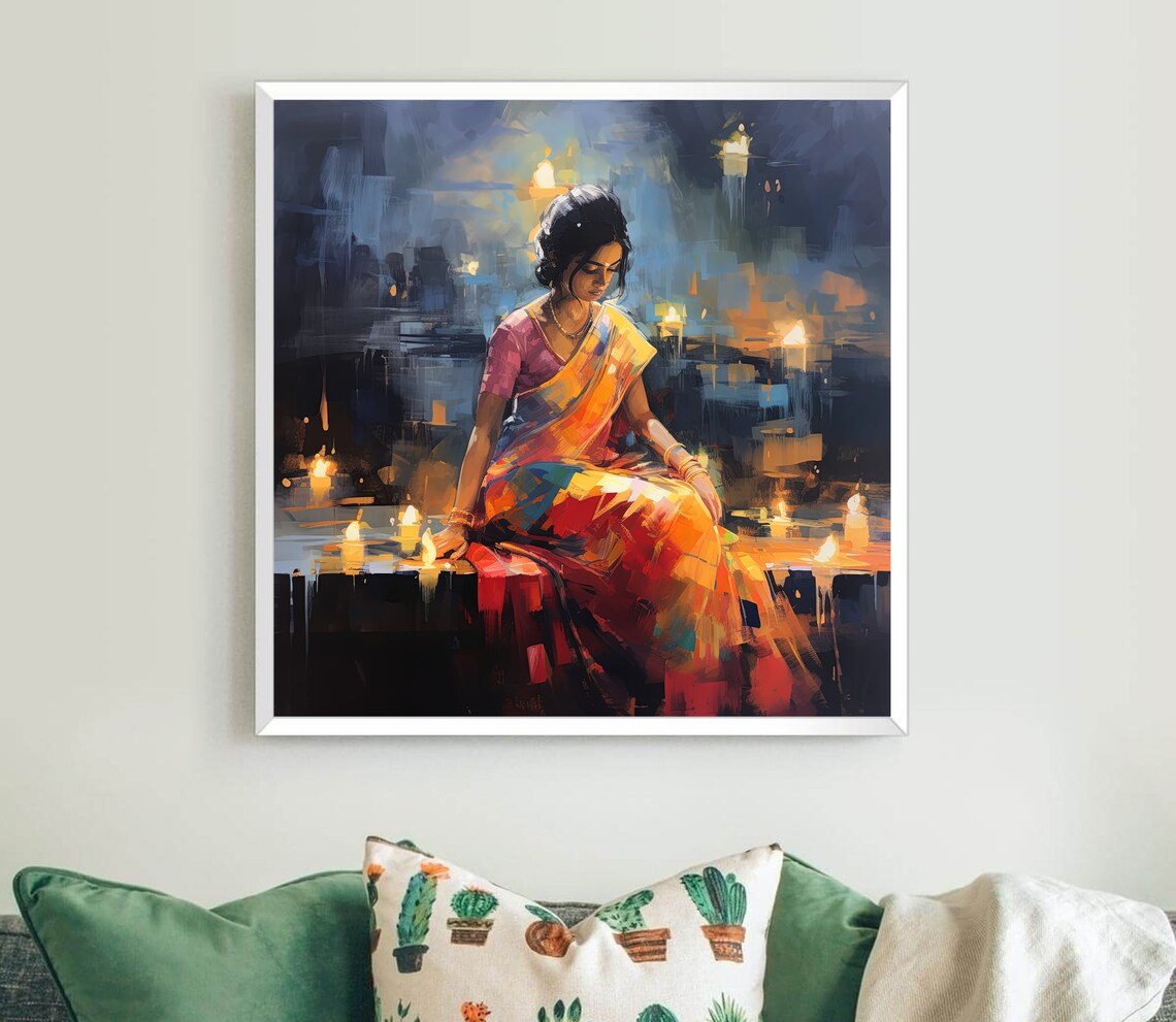 Indian Woman Beside Glowing Candles Abstract Oil Painting Decor Poster - Image 5