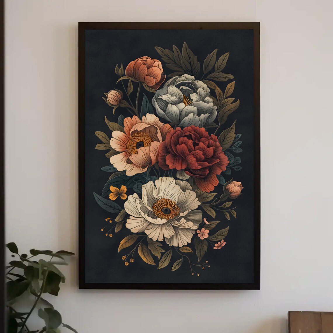 Dark Moody Peonies Vintage Botanical Black Background Floral Wall Art