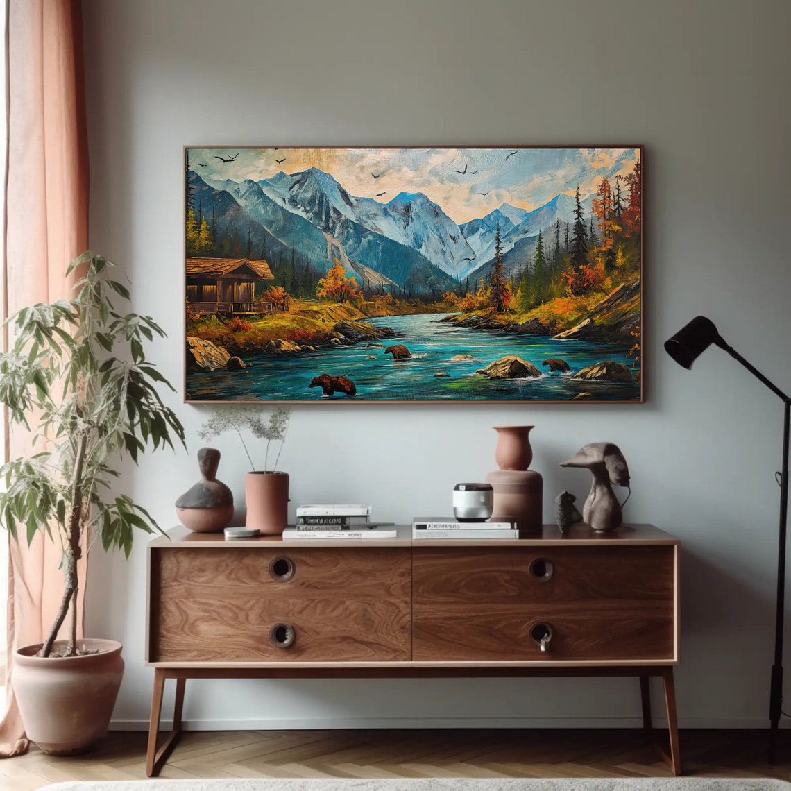 Bears Fishing in Mountain River Autumn Wilderness Painting Poster - Image 5