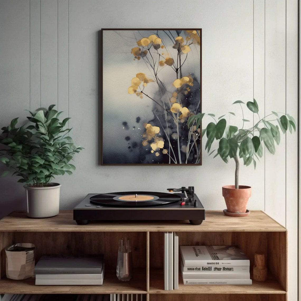 Golden Blossom Branches Night Sky Gold Ink Watercolor Poster - Image 2