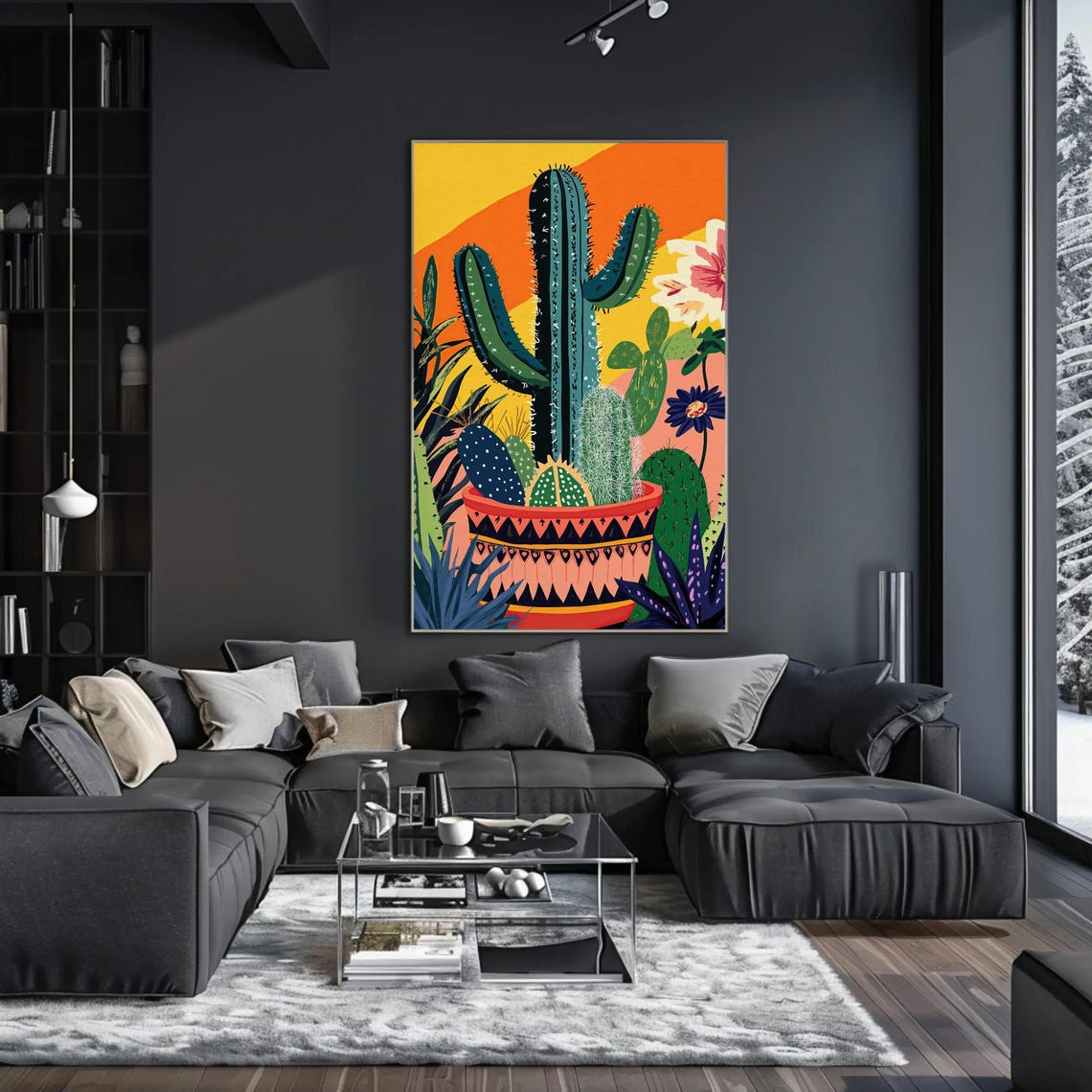 Modern Cacti Cluster in Patterned Terracotta Pot at Sunset Art Poster - Image 2
