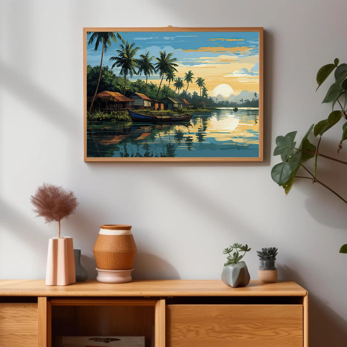 Kerala Backwaters at Sunrise with Boats and Palm Trees Poster - Image 4