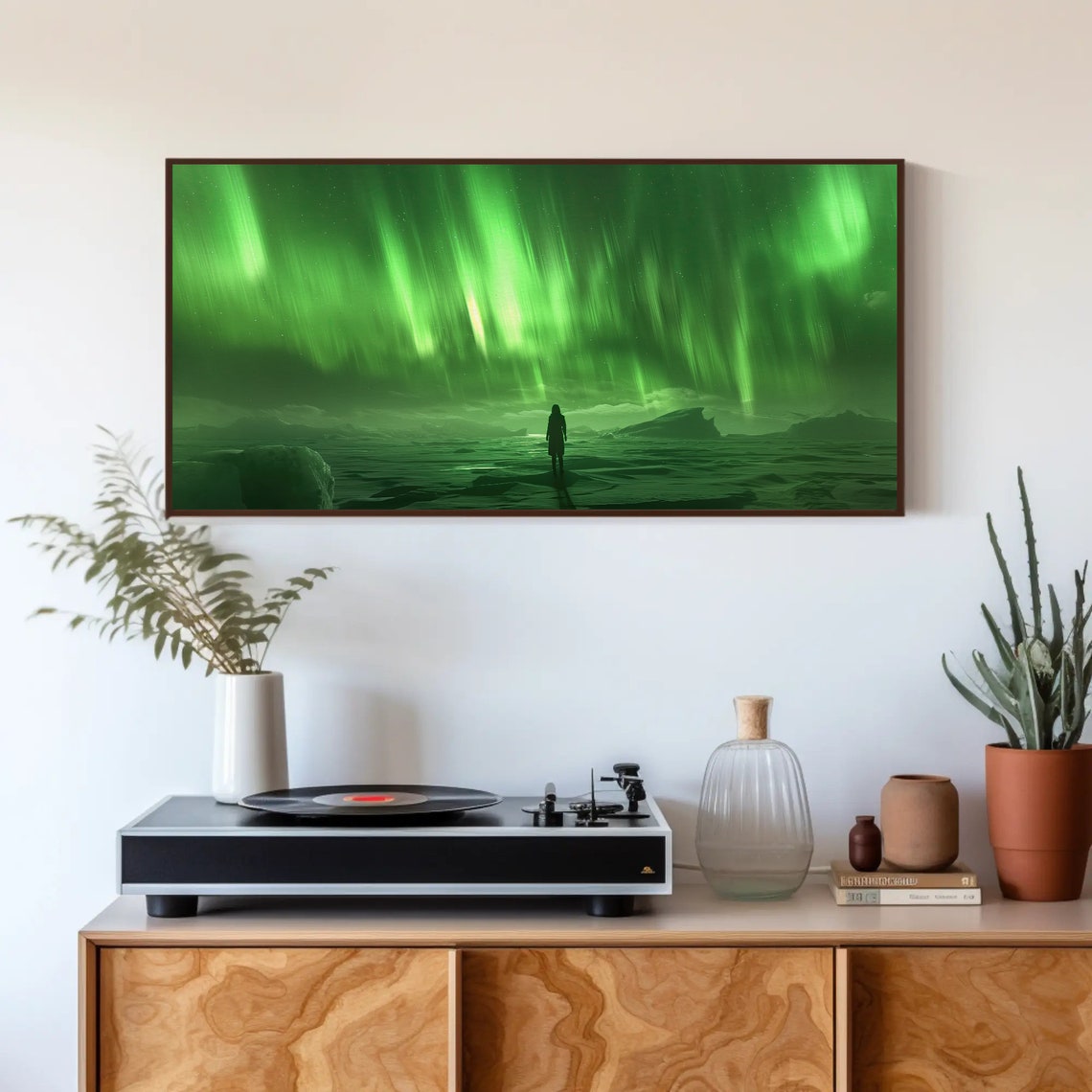 Green Northern Lights Lone Figure Icy Coast Night Sky Poster - Image 2