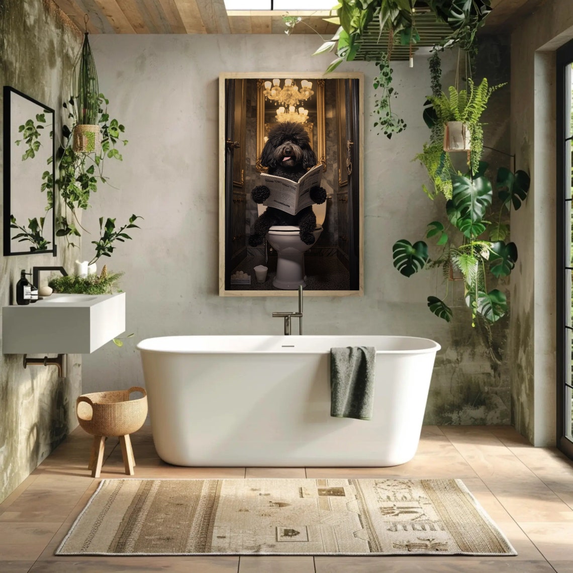 Funny Black Doodle Dog Reading a Newspaper on the Toilet Poster - Image 2