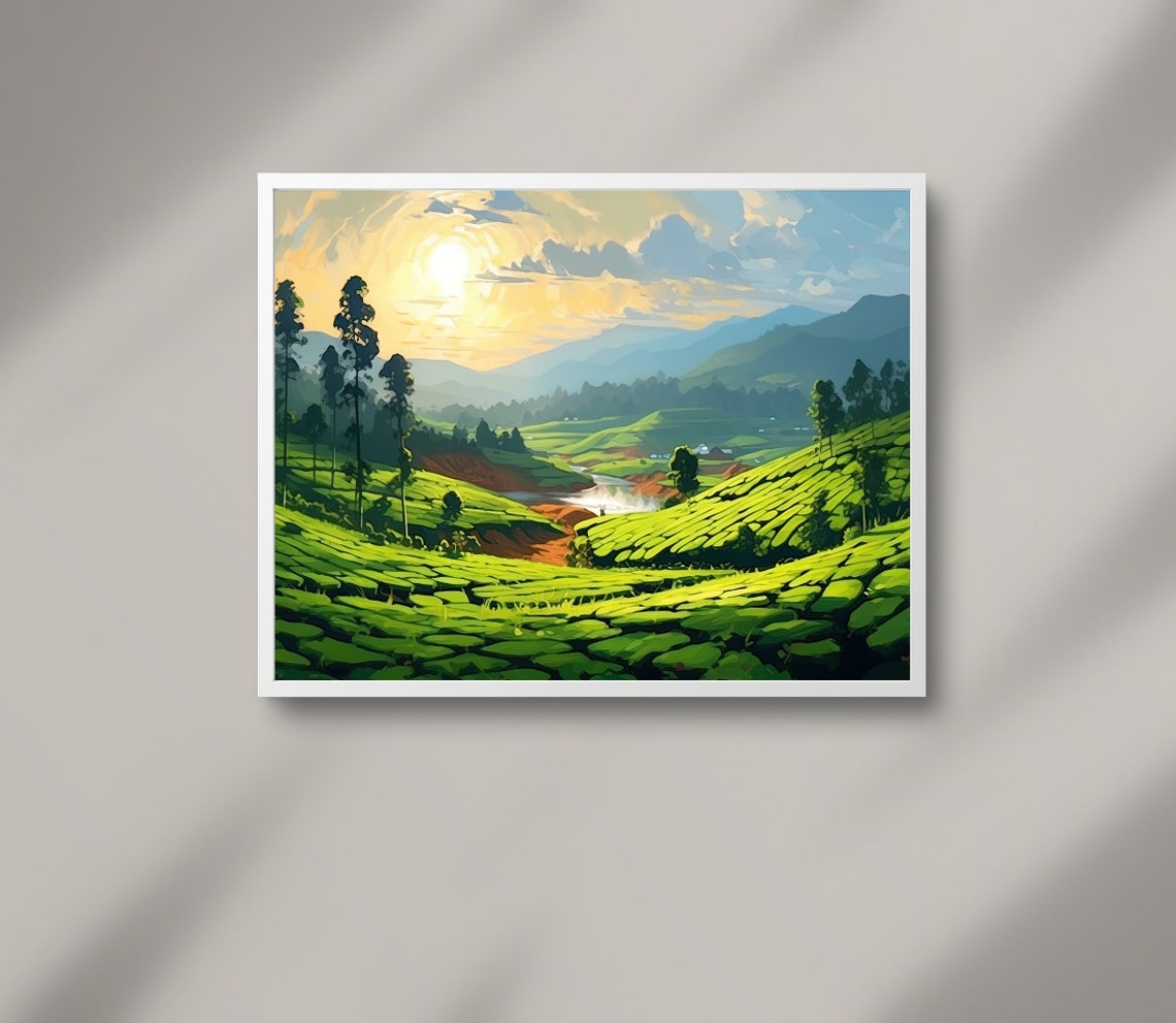 Green Tea Terraces and a Winding River Valley at Sunrise Poster - Image 3