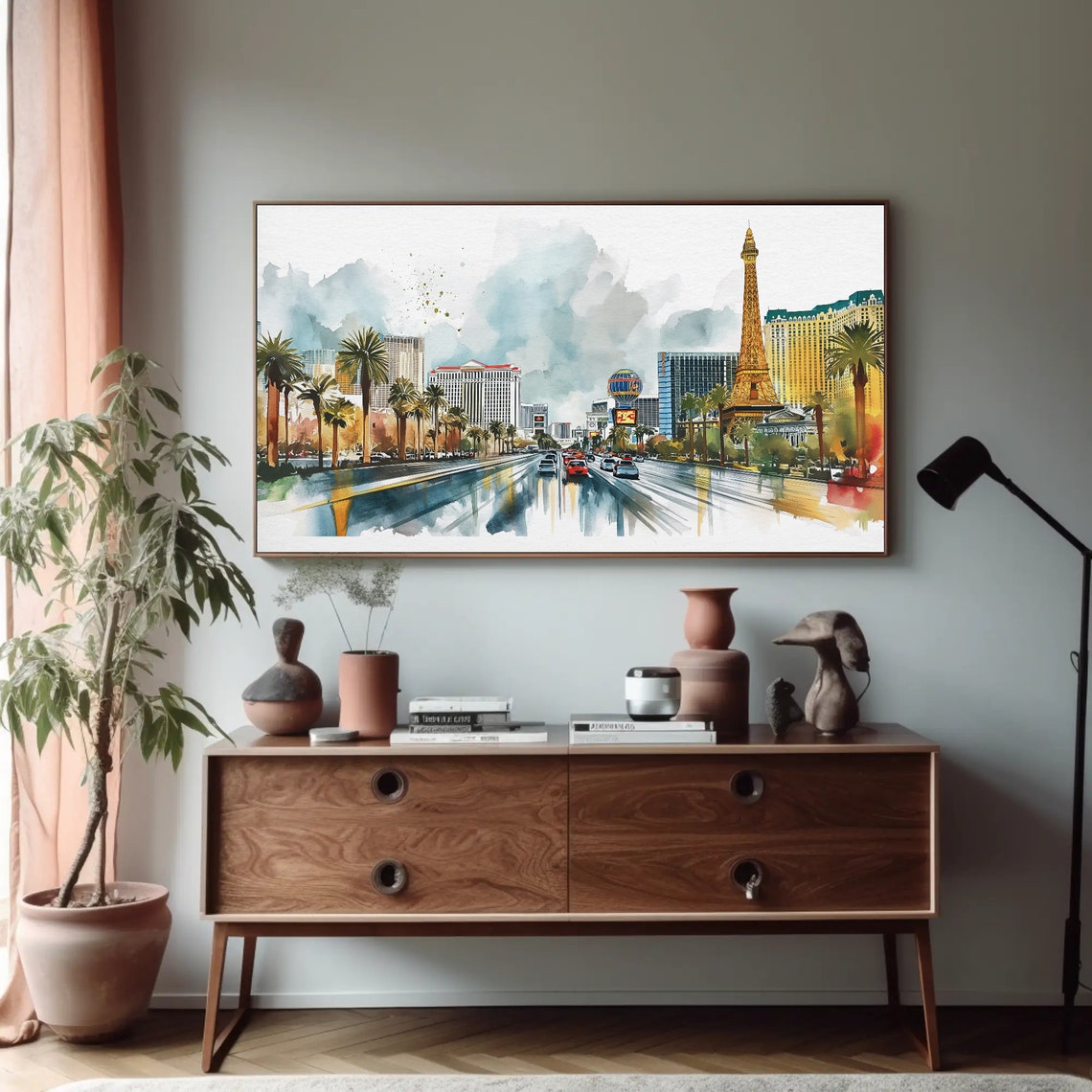 Las Vegas Strip Watercolor with Eiffel Tower Replica Night Poster - Image 4