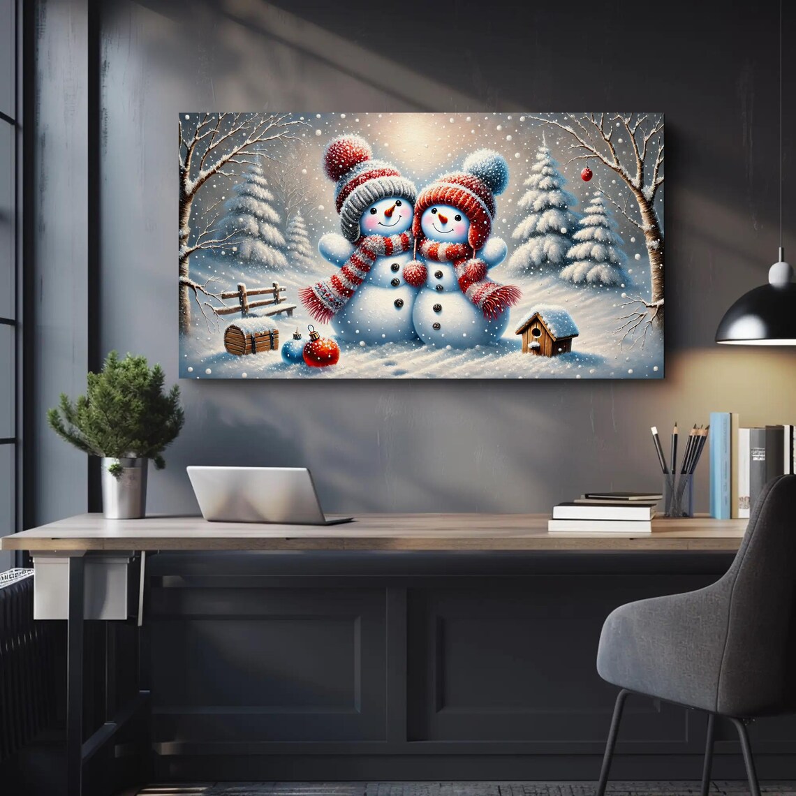 Cute Snowman Couple In A Snowy Christmas Forest Winter Poster - Image 4