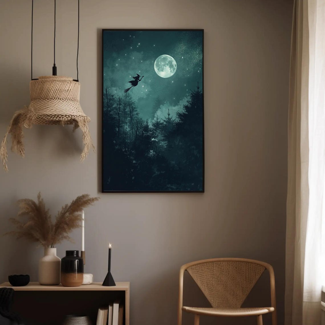 Witch Flying On Broomstick Past Full Moon Halloween Night Poster - Image 3