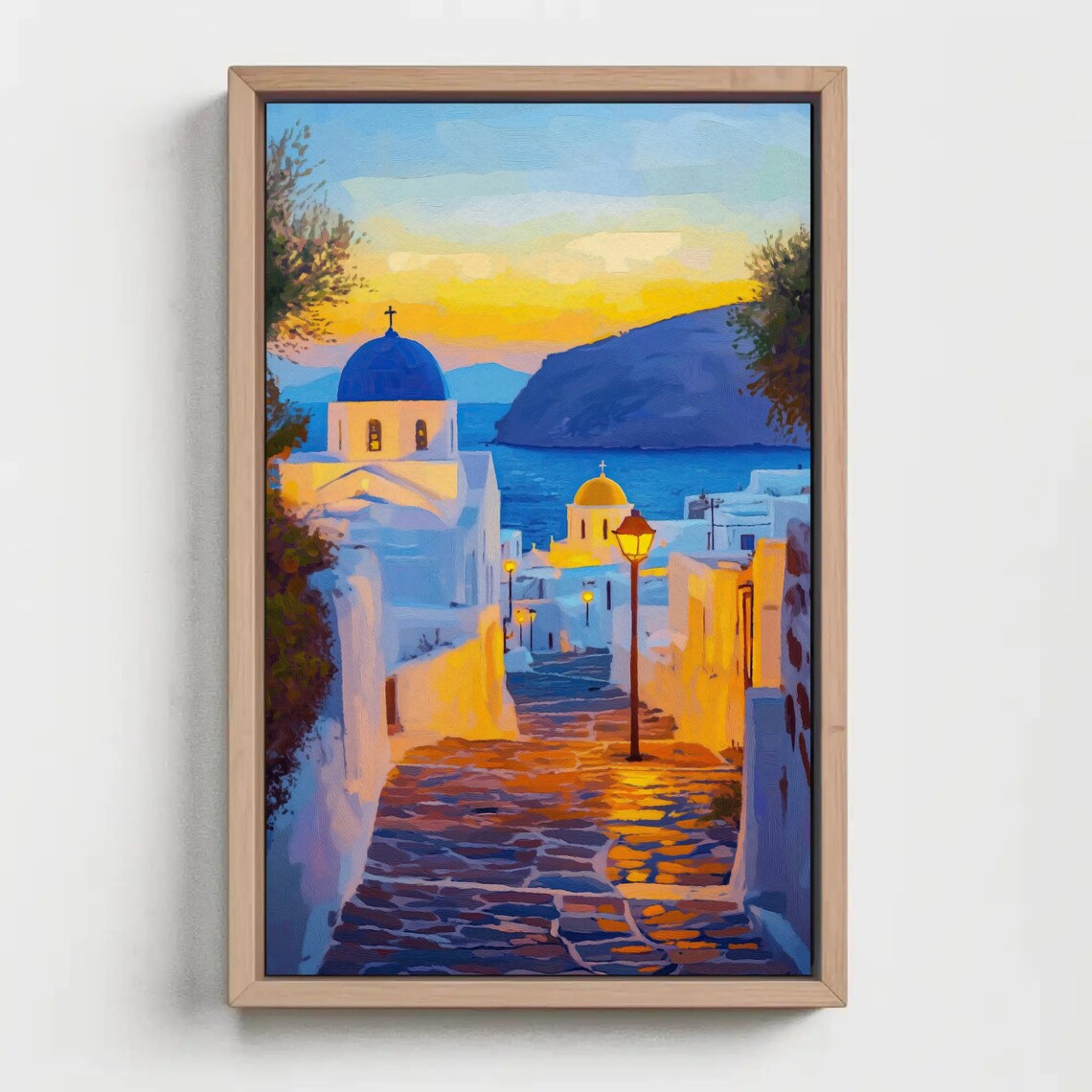 Santorini Evening Street With Blue Dome Church Sunset Greece Poster - Image 3
